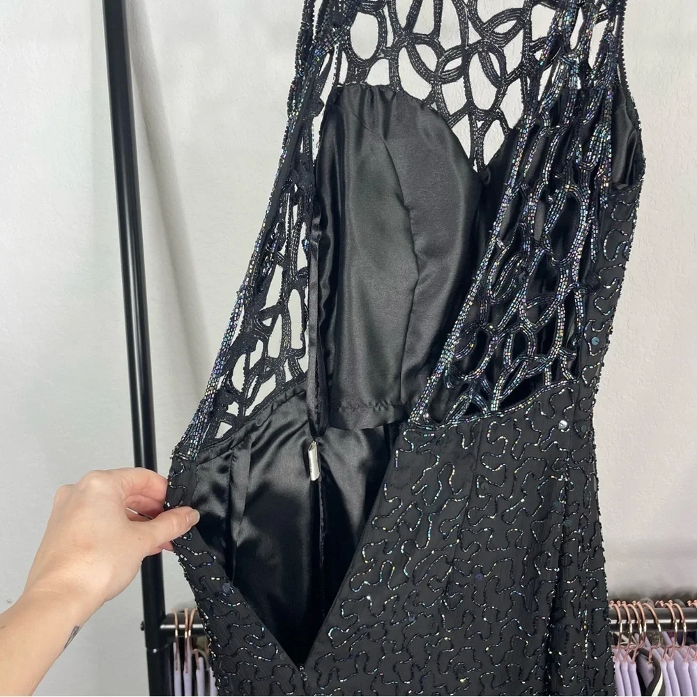 Vintage 90’s Sean Collection Black 100% Silk Beaded Cage Dress - Picture 6 of 14